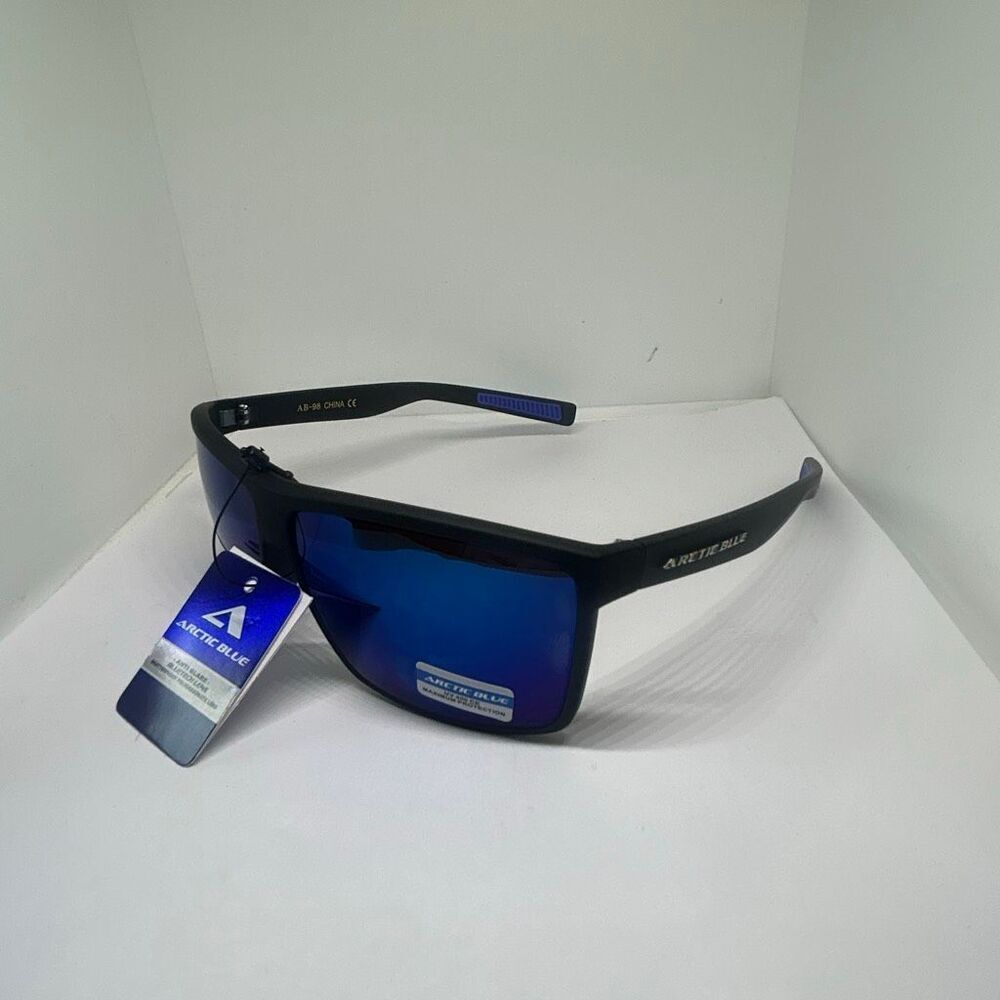 Arctic Blue Shield Wrap Sunglasses – Mirrored Blue Lens UV Protection Soft Frame